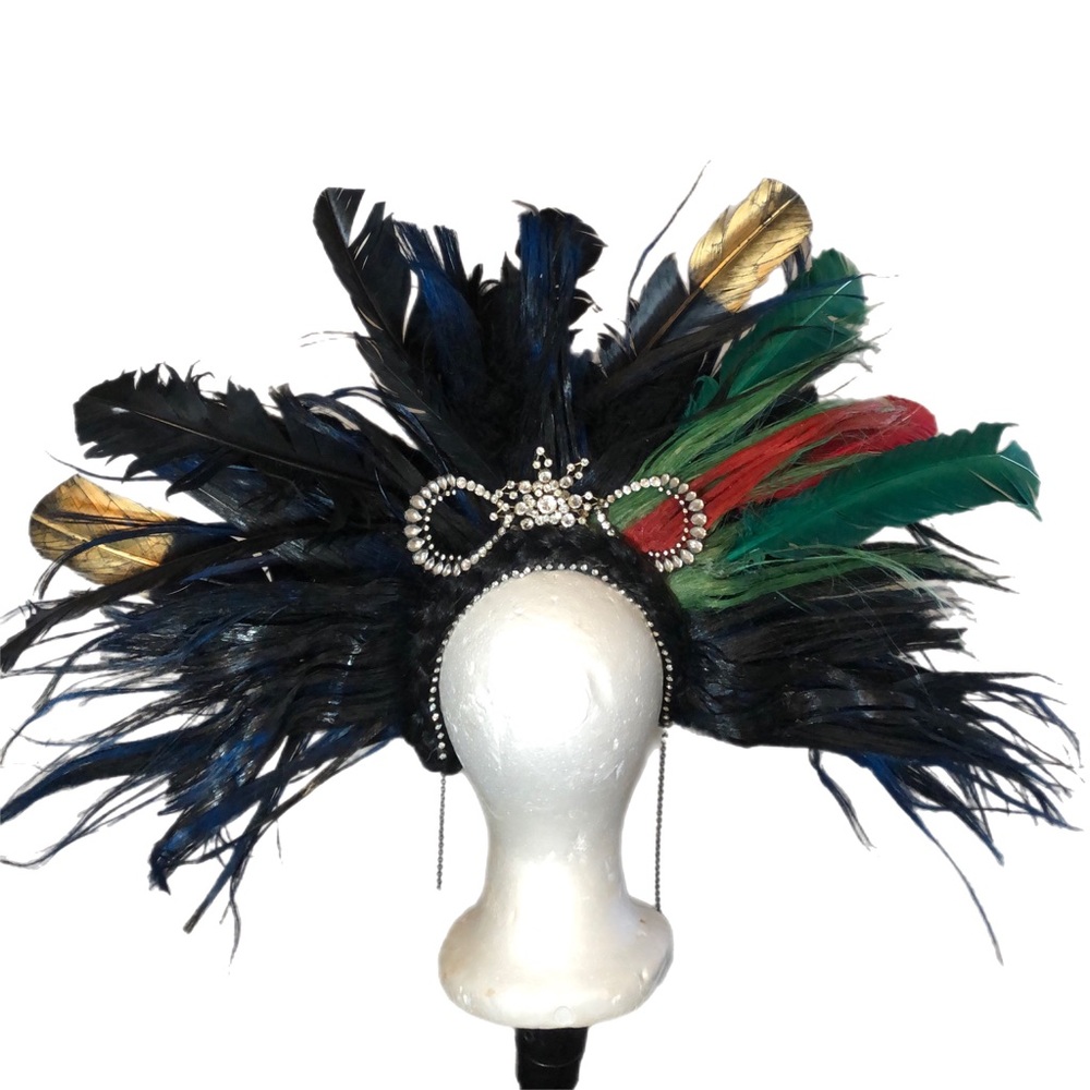 Beautiful Carnival Feathered Headpiece black, green, & red with back strap .